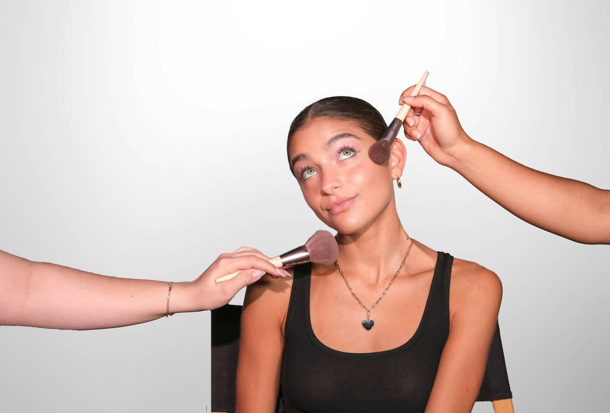 Before/after photos of user using brow and eyeliner stencils: symmetrical brows and crisp winged liner achieved in under 5 minutes